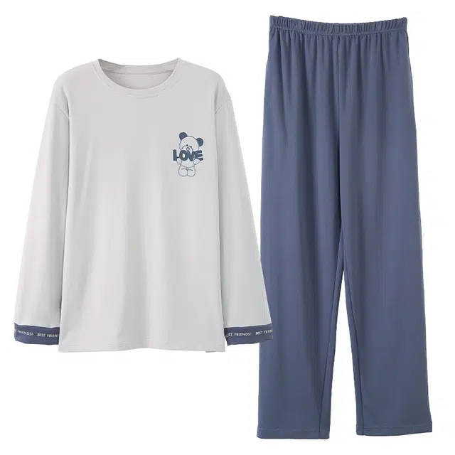 莫代尔 韩版时尚圆领套头长袖长裤简约亲肤舒适家居服可外穿睡衣套装 男女同款