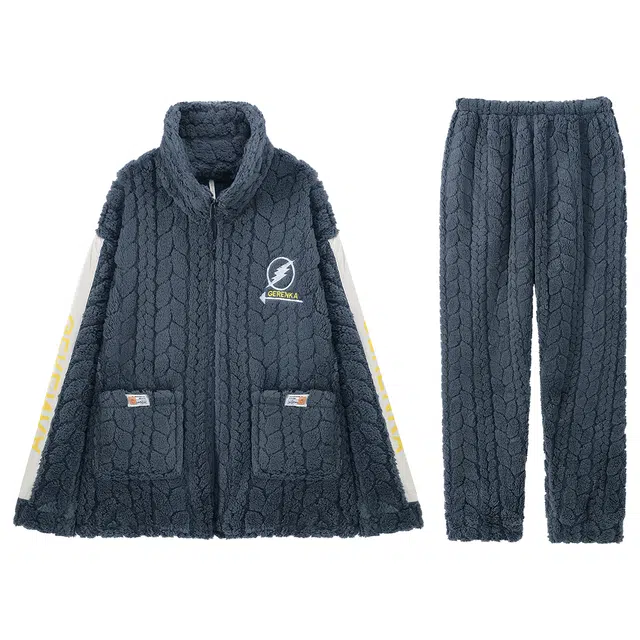 俏霓桐 时尚立领保暖蓄温加厚拉链长袖长裤可外穿睡衣套装 男款 深灰色