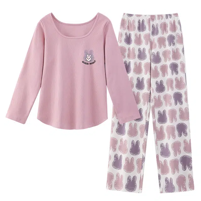 莫代尔 卡通兔简约亲肤保暖舒适发热圆领套头长袖长裤德可外穿春秋季睡衣套装 女款 藕色