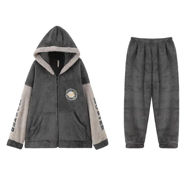 俏霓桐 时尚连帽保暖蓄温加厚长袖长裤可外穿睡衣套装 男款 深灰色