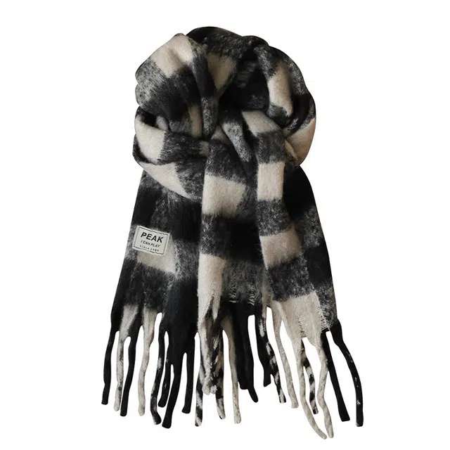 匹克 流苏黑白千鸟格撞色渐变韩系 防寒保暖 绒线围巾 男女同款情侣款