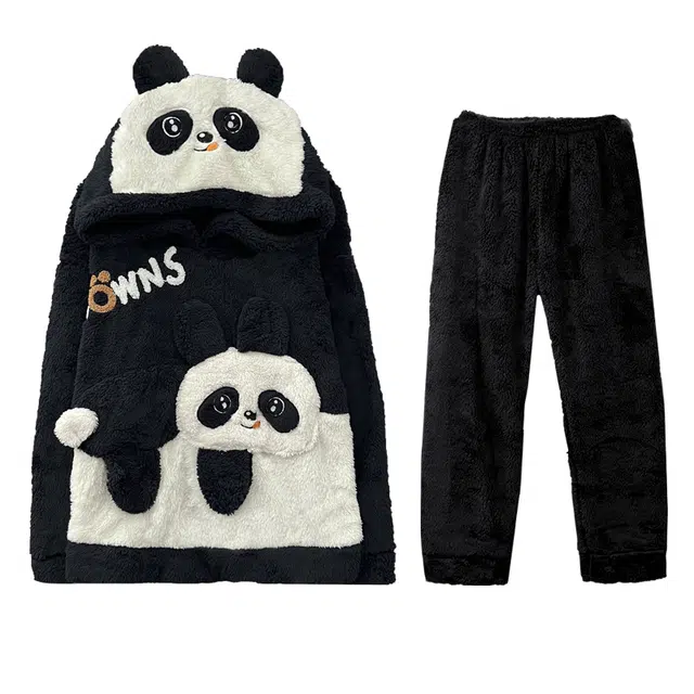 俏霓桐 加绒珊瑚绒青少年卡通连帽加厚可外穿保暖长袖长裤家居服睡衣套装 男款 图色