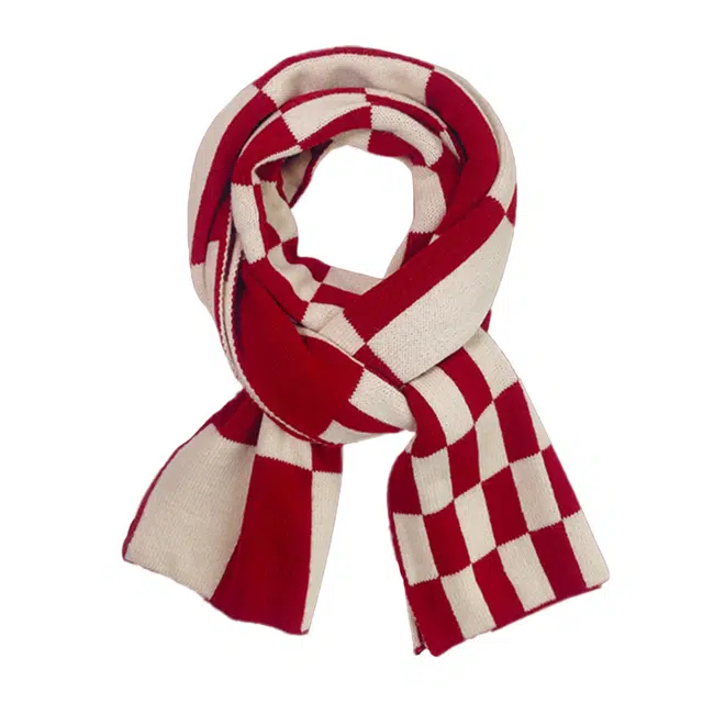 北极绒 秋冬季格子加厚针织红色显白出游百搭披肩围脖 涤纶 绒线围巾 男女同款情侣款