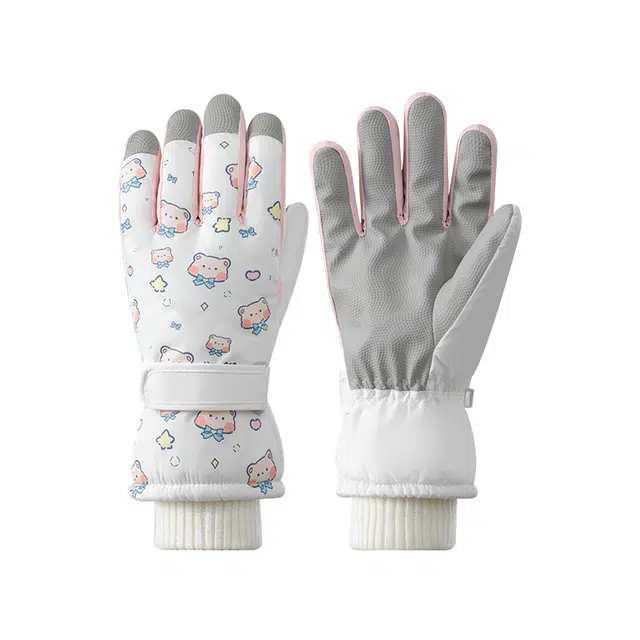 南极人 冬季保暖加绒防风户外骑行登山运动东北防寒防泼水可爱小熊五指 加厚 滑雪手套 女款