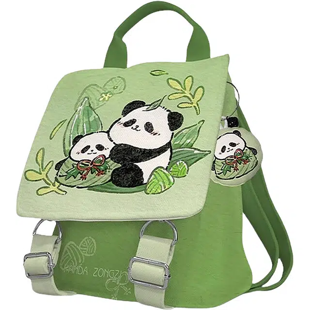 奥松 熊猫粽粽文创 绒面科技布 双肩包 男女同款情侣款 绿色