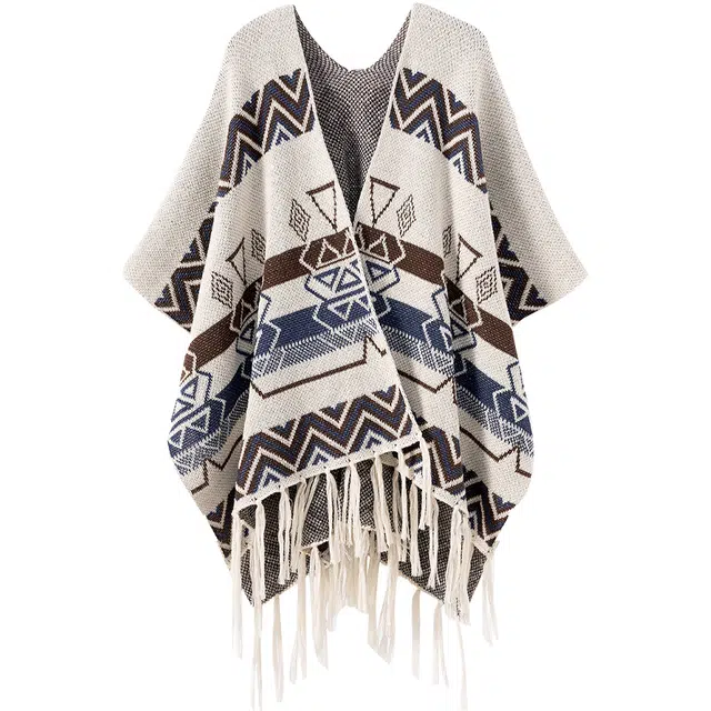 她池 民族风时尚度假风拼色舒适流苏针织衫 女款 米白色