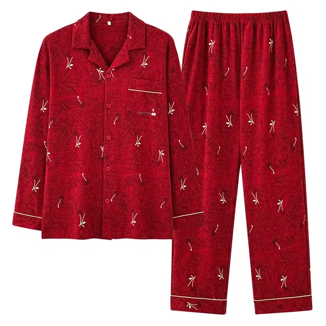 莫代尔 保暖储温细腻亲肤长袖长裤家居服可外穿睡衣套装 男女同款 红色