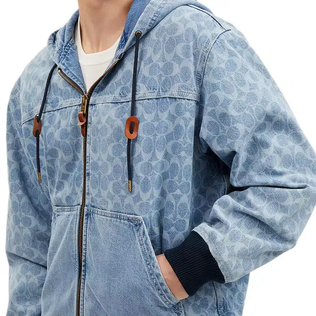 COACH Signature Denim Hooded Zip Up Jacket Logo