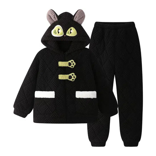 欧诗帛 加厚保暖透气连帽睡衣套装 女款 黑色