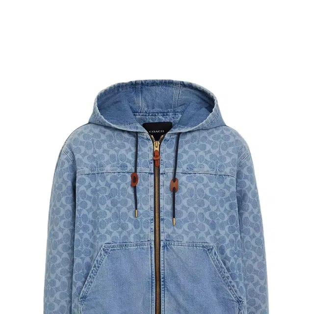COACH Signature Denim Hooded Zip Up Jacket Logo
