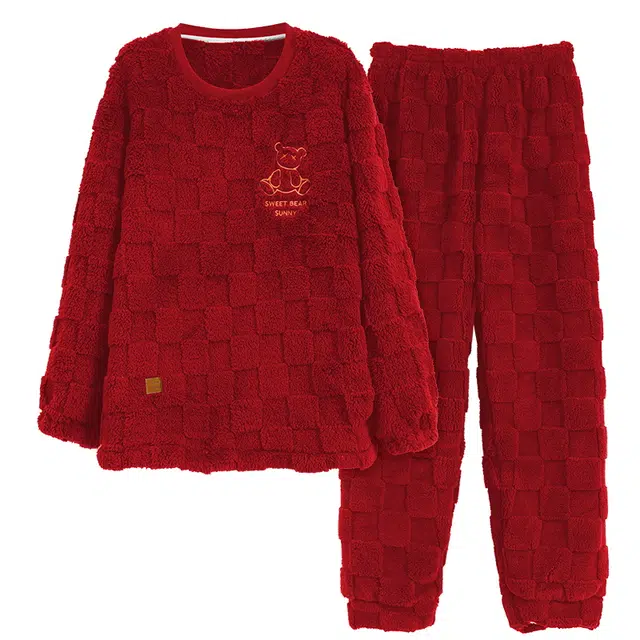 莫代尔 保暖储温蓄热防寒亲肤舒适长袖长裤套头圆领家居服可外穿睡衣套装 女款 红色