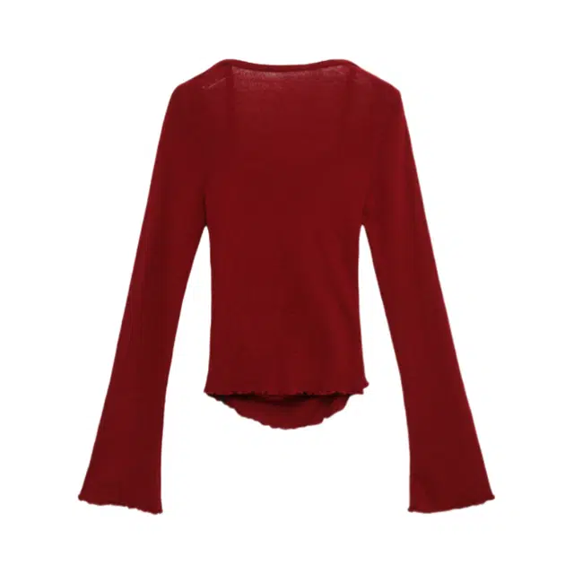 柏黛妃 假两件露肩短款修身内搭打底纯色长袖针织衫 女款 红色