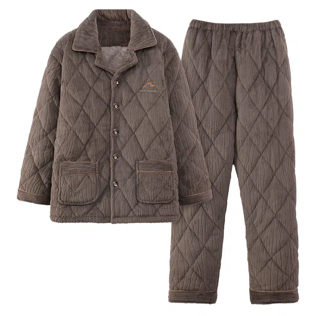 莫代尔 加厚时尚保暖亲肤开衫翻领长袖长裤家居服可外穿睡衣套装 男款 浅棕色