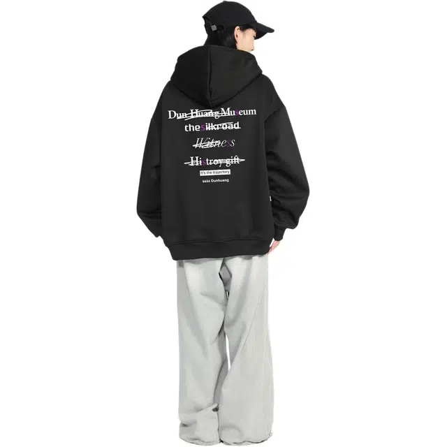 敦煌博物馆 基础纯色字母印花宽松加厚落肩拉链连帽卫衣 男女同款
