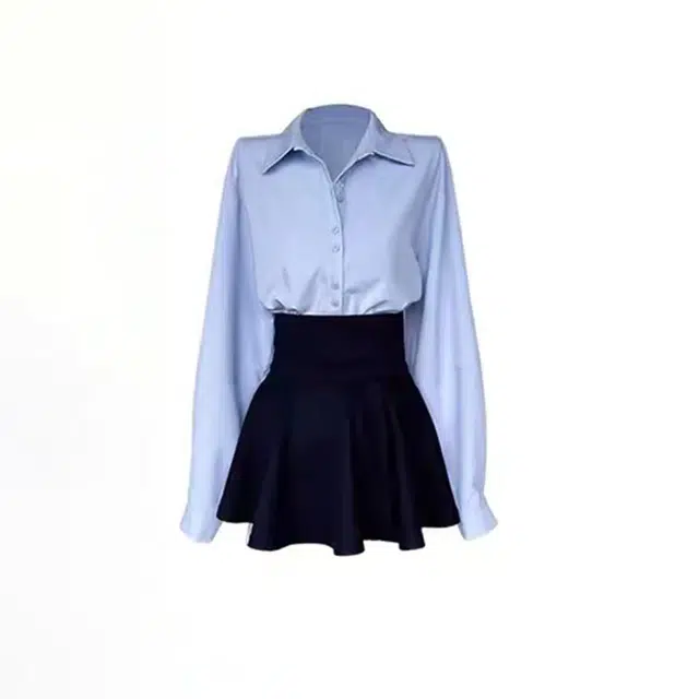 花蔓色 韩系学院风宽松温柔甜美衬衫休闲简约高腰百褶裙子裙装套装 女款