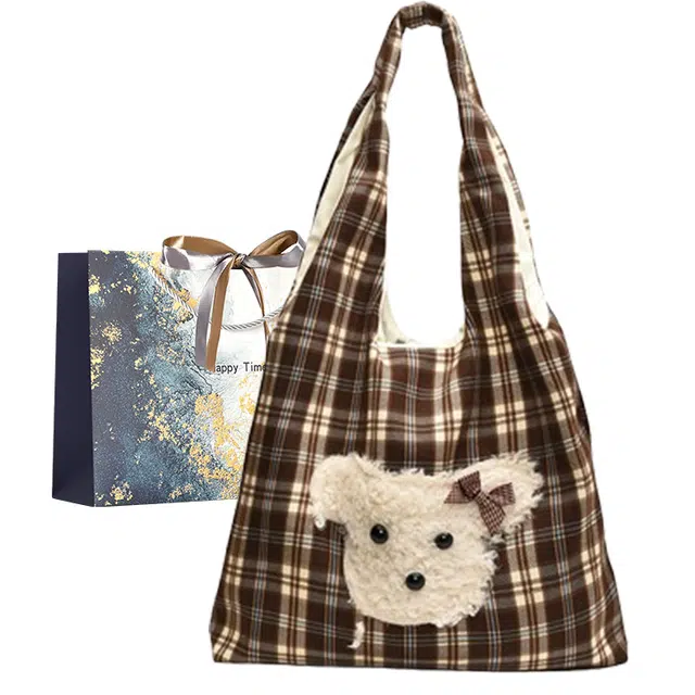 伊曼家 秋冬可爱托特包时尚格子撞色毛绒通勤 尼龙布 单肩包 女款 棕色/红色