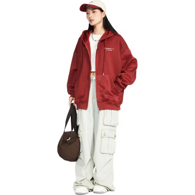 敦煌博物馆 基础纯色字母印花宽松加厚落肩拉链连帽卫衣 男女同款
