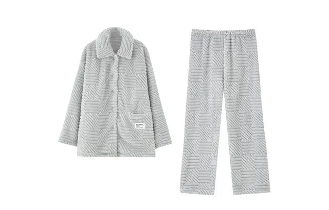 俏薇妮 简约纯色翻领加厚蓄温保暖单排扣长袖长裤可外穿家居服睡衣套装 女款 浅蓝色