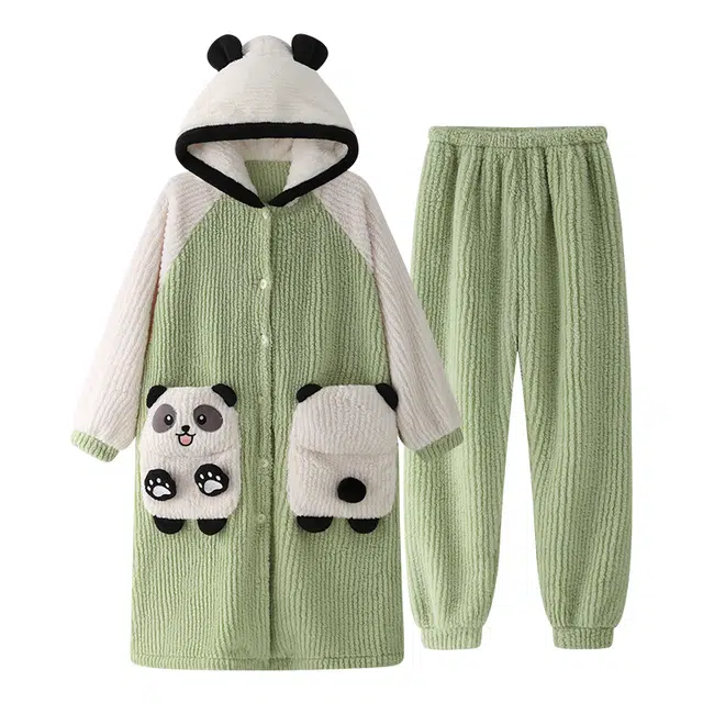 莫代尔 卡通小熊猫连帽亲肤上衣纯色保暖长裤睡衣套装 女款 浅绿色