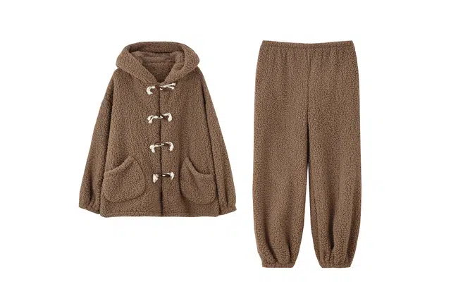 俏薇妮 加厚连帽蓄温保暖简约复古家居服可外穿睡衣套装 女款 棕色