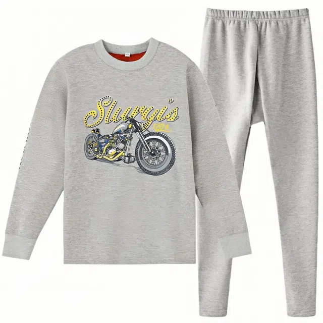 兰缪 青少年加绒加厚内搭个性涂鸦圆领套头抗寒蓄热锁温不易褪色防刮耐磨不起球打底可外穿透气舒适保暖套装 男款