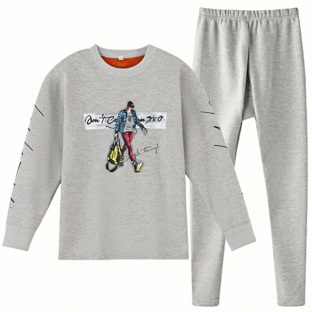 兰缪 青少年加绒加厚内搭个性涂鸦圆领套头抗寒蓄热锁温不易褪色防刮耐磨不起球舒适透气打底可外穿保暖套装 男款