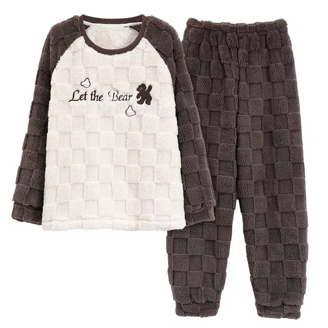 睦隆世家 简约亲肤舒适长袖长裤蓄热锁温加厚长袖长裤家居服不臃肿睡衣套装 女款 褐色