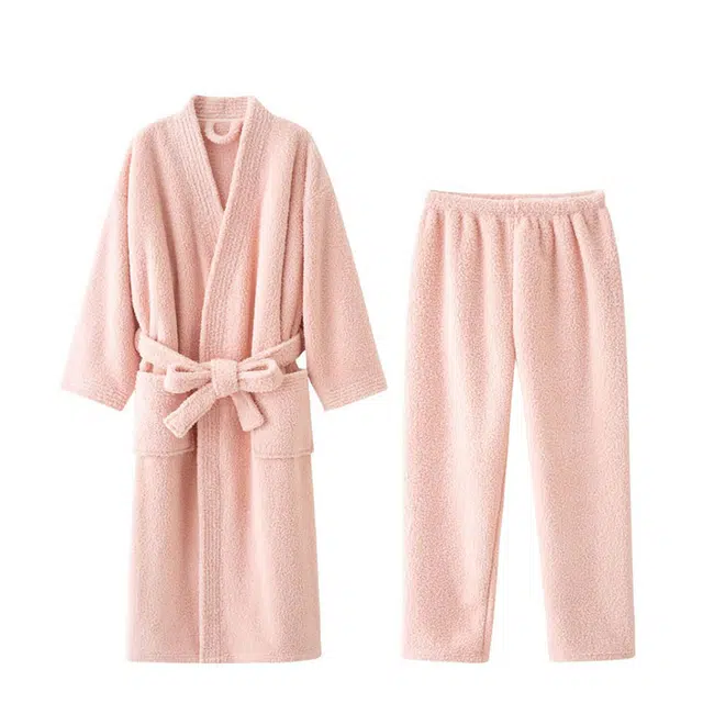 怡吾色 米粒绒中长款纯色睡袍长裤家居服简约睡衣套装 男女同款