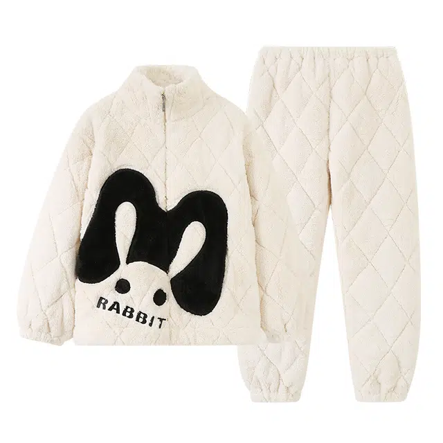 莫代尔 保暖亲肤加绒加厚舒适暖绒柔软储温蓄热卡通兔时尚韩版休闲简约拉链绒可外穿睡衣套装 男女同款