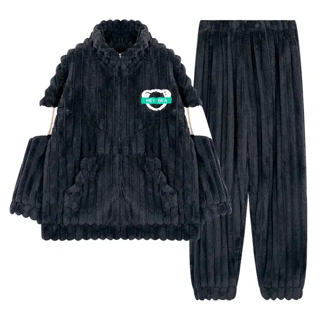 俏霓桐 保暖蓄温加厚长袖长裤立领可外穿睡衣套装 男款 黑色