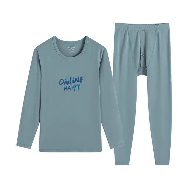 贴身领域 男士抑菌纯棉印花青少年秋衣秋裤纯色居家睡衣初高中学生圆领长袖长裤薄内衣保暖套装 男款