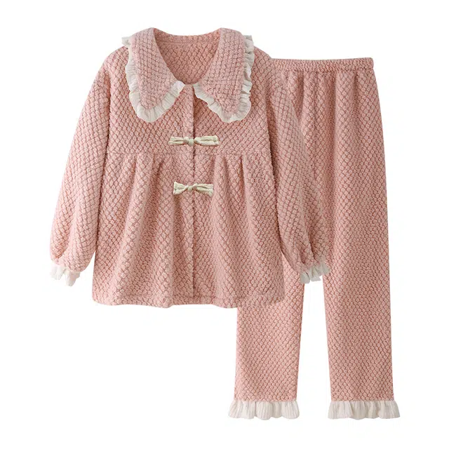 欧诗帛 加厚保暖舒适纯色长袖长裤睡衣套装 女款 粉色