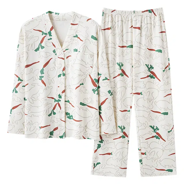 莫代尔 柔软舒适轻盈透气耐磨细腻不易起球长袖上衣居家可外穿长裤睡衣套装 女款 白色