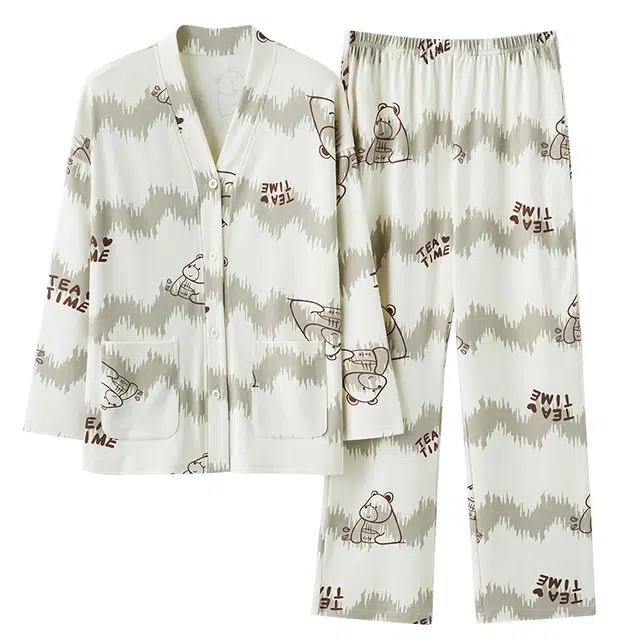 莫代尔 柔软舒适透气耐磨不易起球长袖上衣居家可外穿长裤睡衣套装 女款 浅绿色