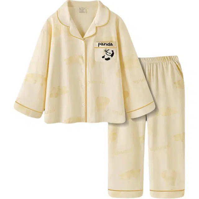 北极绒 长袖熊猫长裤可外穿睡衣套装 女款 黄色