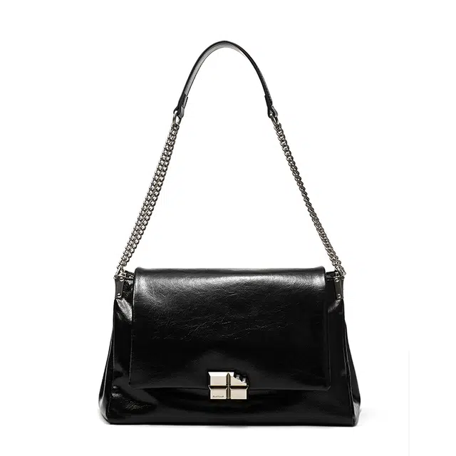 西木汀 小众设计秋日漫步 牛剖层革拼合成革 腋下包单肩包 中号 女款 午夜黑/酒红色