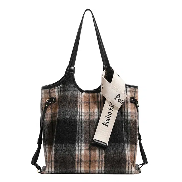 恒源祥 格子简约商务 毛呢 菜篮子包单肩包 女款 花色