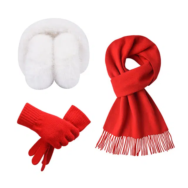 啄木鸟 三件套加厚保暖防风防寒护耳中国红本命年新年 绒线围巾 女款