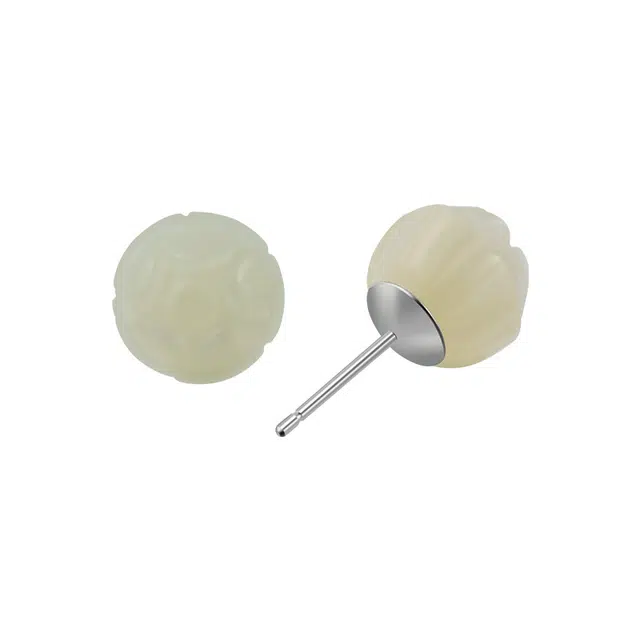 老银匠 玉莲花花苞国风 和田玉耳钉 白玉/青白玉 女款