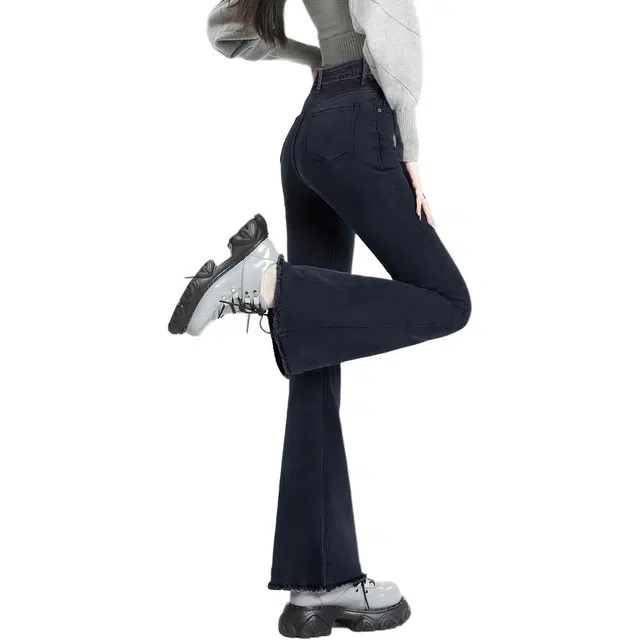 惟熙 高腰小个子显瘦弹力修身喇叭裤牛仔裤 女款 黑灰色