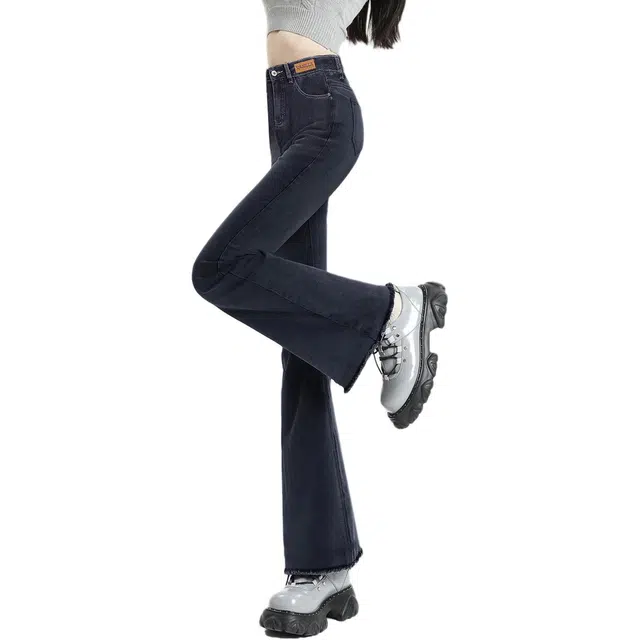 惟熙 高腰小个子显瘦弹力修身喇叭裤牛仔裤 女款 黑灰色