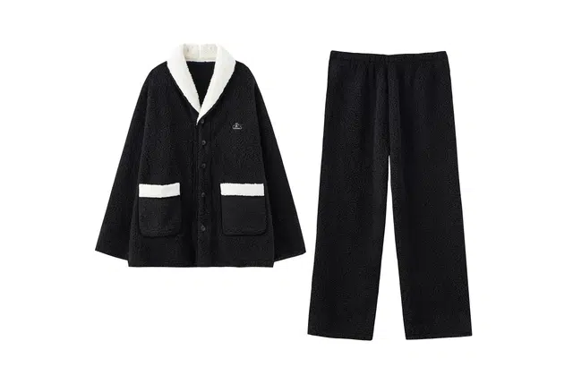 俏薇妮 简约开衫保暖休闲可外穿长袖长裤秋冬睡衣套装 男款 黑色