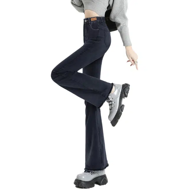 惟熙 高腰小个子显瘦弹力修身喇叭裤牛仔裤 女款 黑灰色