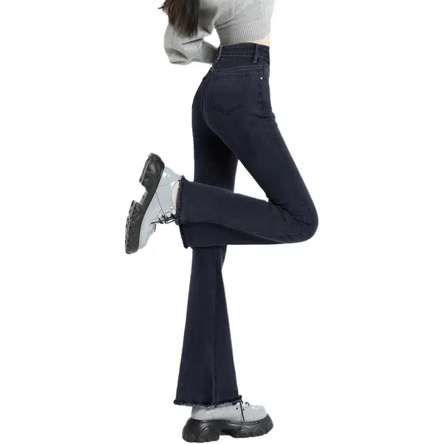 惟熙 高腰小个子显瘦弹力修身喇叭裤牛仔裤 女款 黑灰色