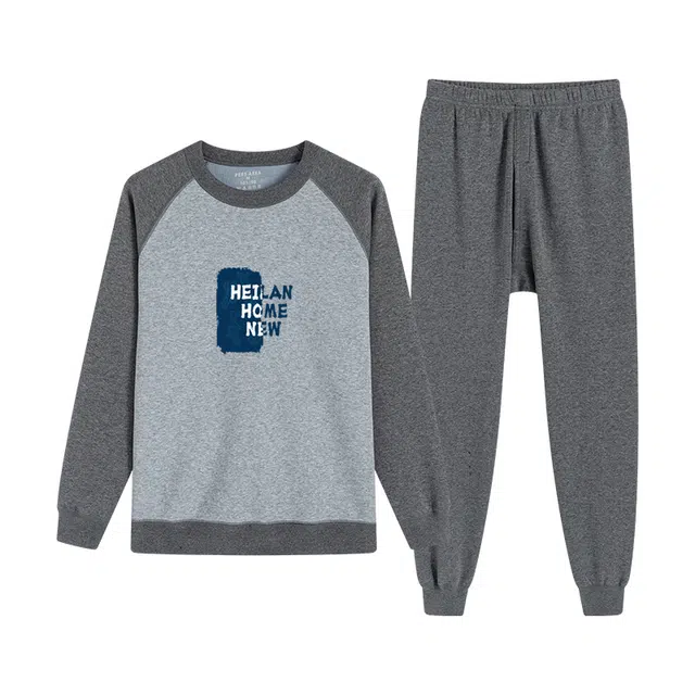 贴身领域 青少年内衣男士加厚加绒拼接插肩袖秋衣秋裤打底全棉毛衫保暖套装 男款