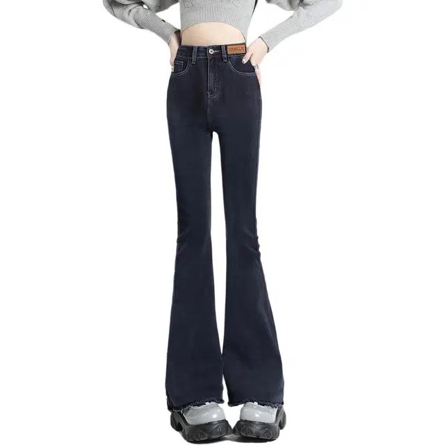 惟熙 高腰小个子显瘦弹力修身喇叭裤牛仔裤 女款 黑灰色