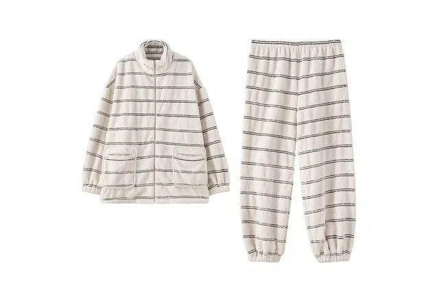 俏薇妮 简约条纹立领长袖上衣家居服加绒加厚保暖休闲可外穿长裤秋冬睡衣套装 女款 米白色