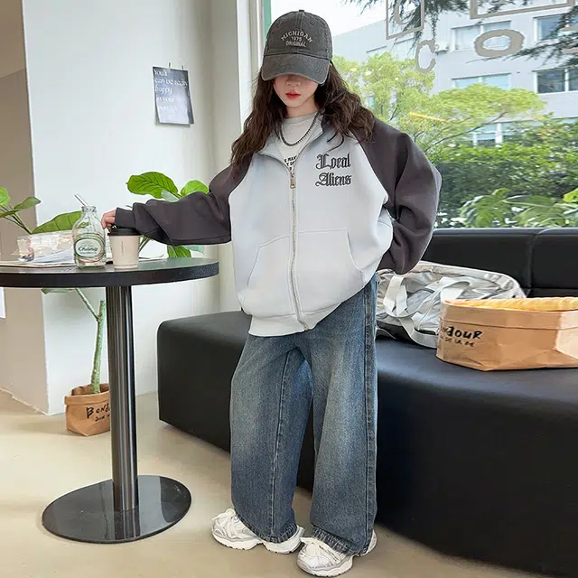 木木屋 简约字母舒适插肩长袖夹克外套 蓝色 青少年