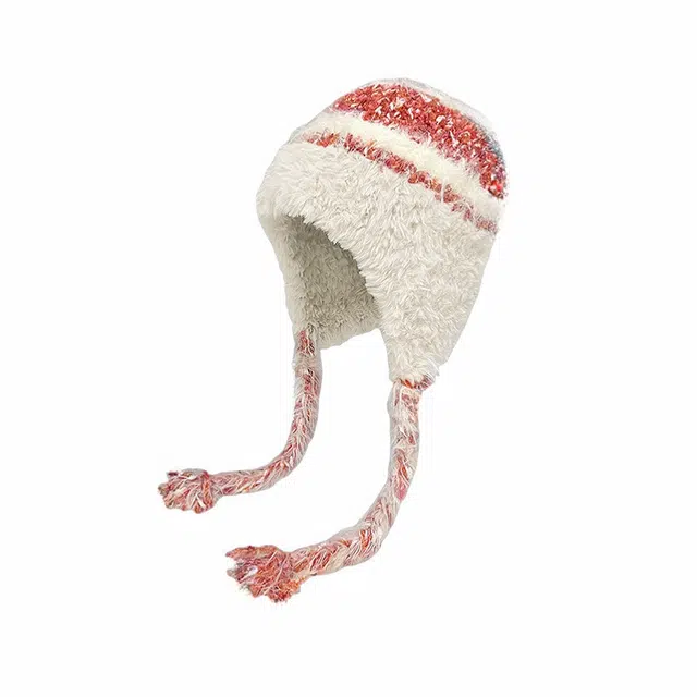 北极绒 彩色系带保暖条纹拼色护耳包头显脸小 聚酯纤维 绒线帽 男女同款情侣款