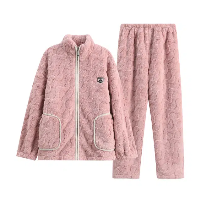 芬腾 加厚拉链可外穿保暖舒适亲肤睡衣套装 女款 芙蓉粉